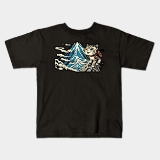 Vintage Japanese Art Sports Hiker Mountain Climbing Cat Kids T-Shirt